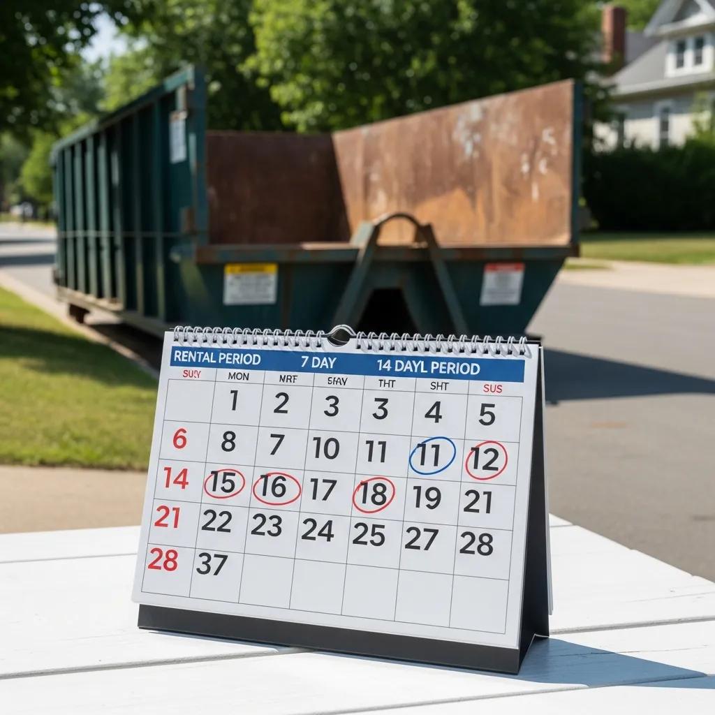 Calendar showing rental periods with a dumpster in the background representing rental duration