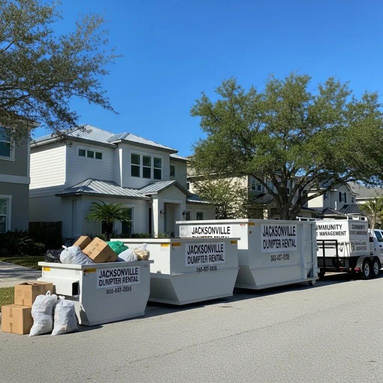 Colorful dumpsters in a Jacksonville neighborhood representing rental options