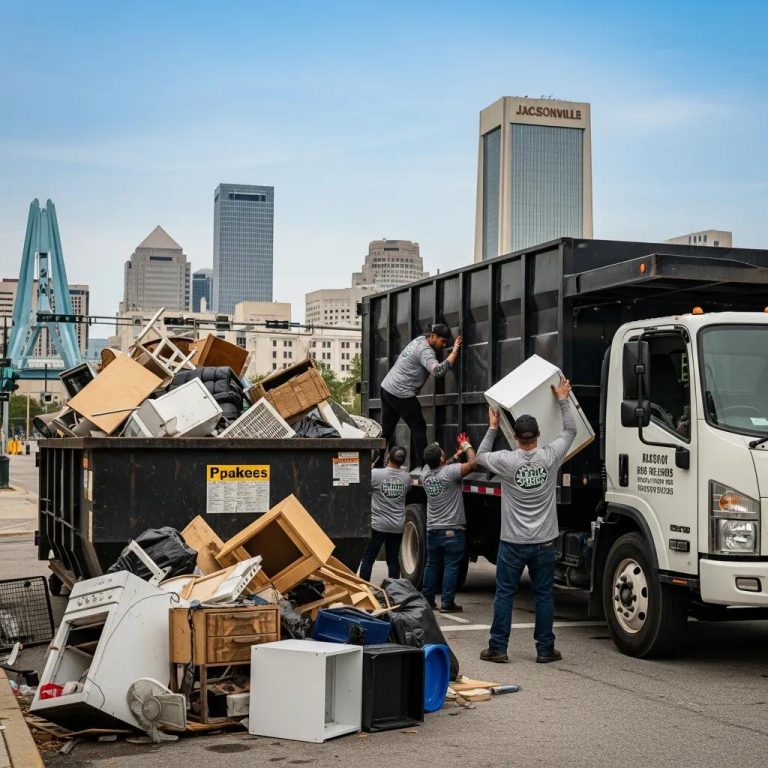 Comparison of dumpster rental and junk removal services in Jacksonville with a dumpster and junk truck