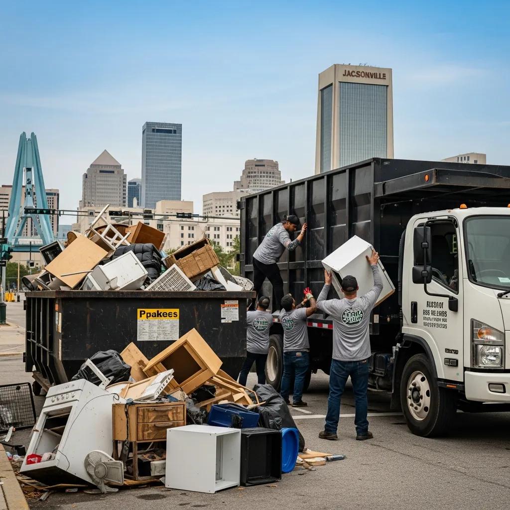 Comparison of dumpster rental and junk removal services in Jacksonville with a dumpster and junk truck