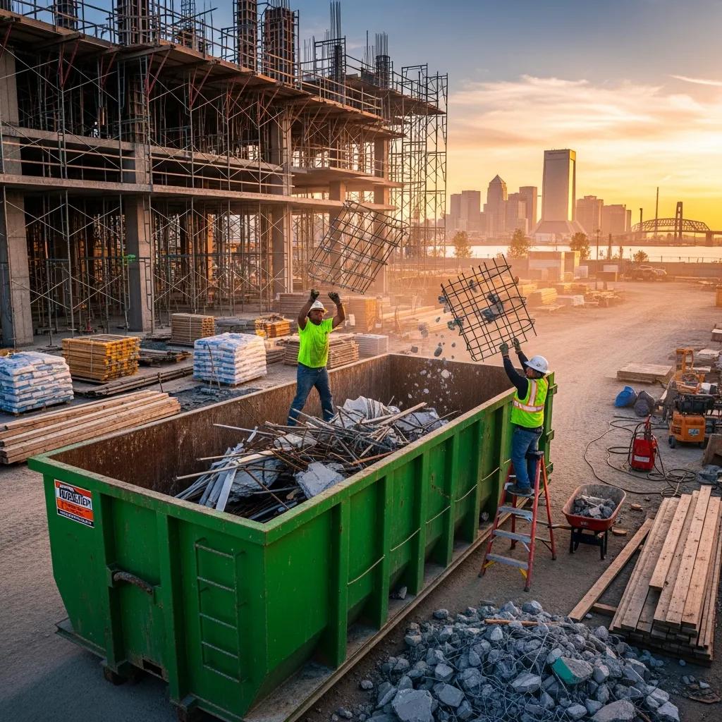Different sizes of roll-off dumpsters in a construction yard for effective debris management