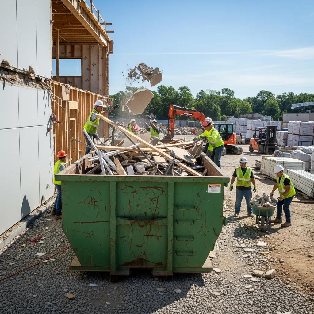 Construction site with a large dumpster showcasing the benefits of dumpster rental for large projects