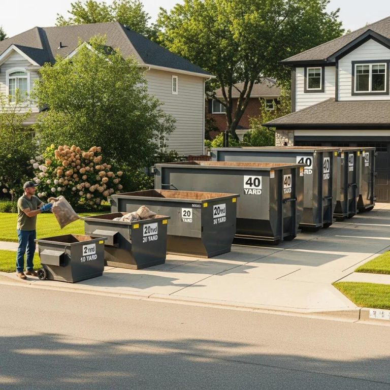 Different sizes of dumpsters in a residential driveway, illustrating options for homeowners