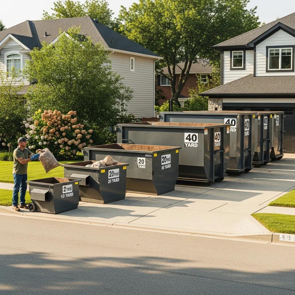 Different sizes of dumpsters in a residential driveway, illustrating options for homeowners
