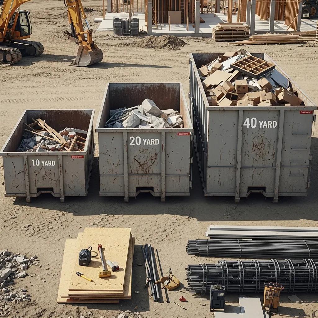 Different sizes of dumpsters on a construction site illustrating capacity variations