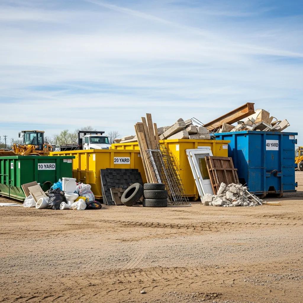 Different sizes of roll-off dumpsters in a construction yard for effective debris management