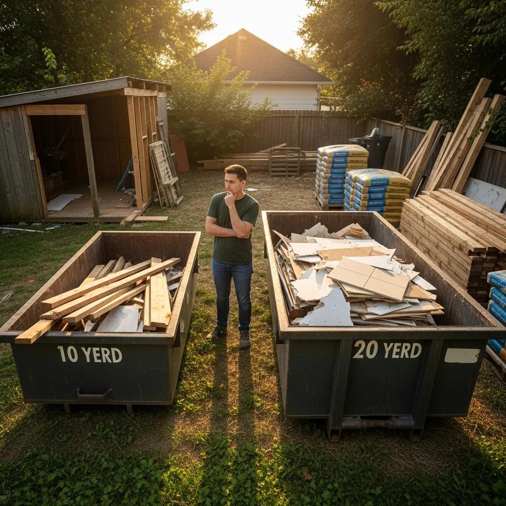 Homeowner evaluating 10-yard and 20-yard dumpsters for a renovation project