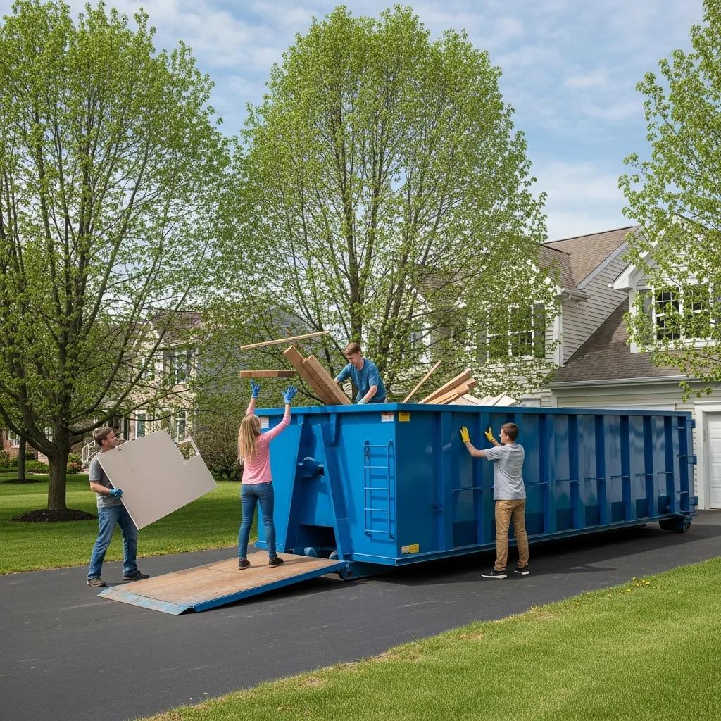 Residential roll-off dumpster rental in use during a home renovation project